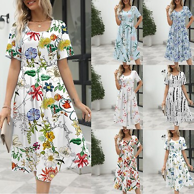 #ad Plus Size Women Boho Floral Midi Dress Ladies Holiday Summer Pockets Sundress $23.13