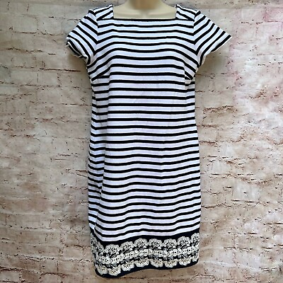 #ad Talbots Nautical Horizontal Stripe Size Small Lace White Blue Dress Square Neck $27.00