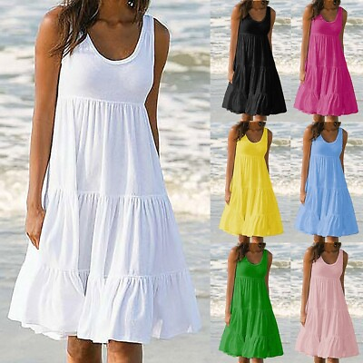 #ad Plus Size Women Sleeveless Solid Ruffle Dresses Summer Beach Casual Midi Dress $13.19