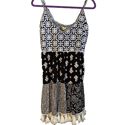 #ad #ad Boho Black White Fringe Sundress XL Anandas Collection Beach Wear Hippie $13.50