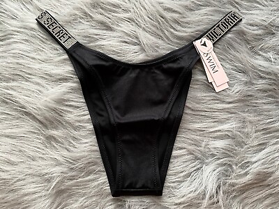 #ad Victorias Secret Swim Bikini Bottom Black Logo Shine Strap Sexy Brazilian Nwt $22.99