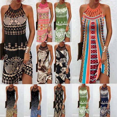 #ad Ladies Summer Beach Boho Dresses Hollow Halter Neck Mini Dress Plus Size . $6.87