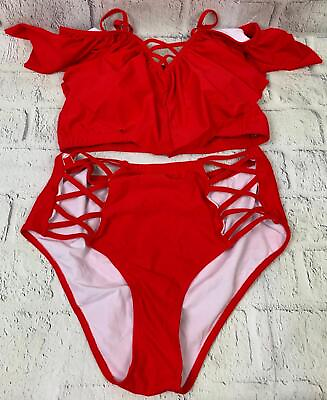 #ad Womens Plus Size Swimwear 2 Piece High Waisted Swimsuit Ruffle Bikini $35.00