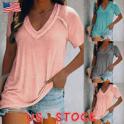 Womens V Neck Loose Basic T Shirts Tops Ladies Casual Short Sleeve Blouse Tee US $5.27