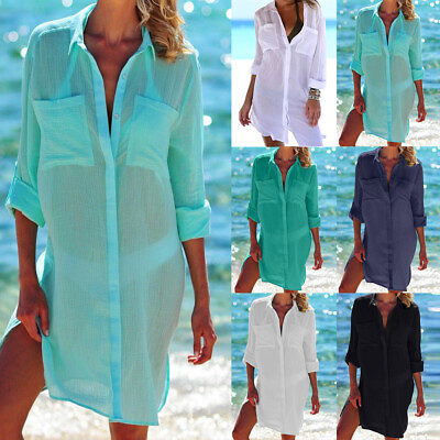 Womens Summer Beach Bikini Cover Up Mini Dress Swimwear Long Shirt Top Beachwear $4.42
