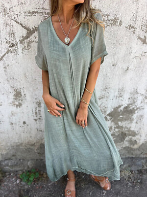 #ad Women Casual Boho Long Sleeve Cotton Linen Maxi Dress Sundress Summer V Neck $24.54