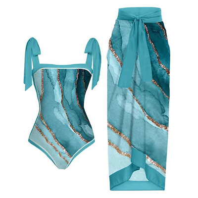 #ad 2Pcs Womens Tops Beach Bathing Suits Print Lace Up Midi Skirt Summer Swimwear $37.38
