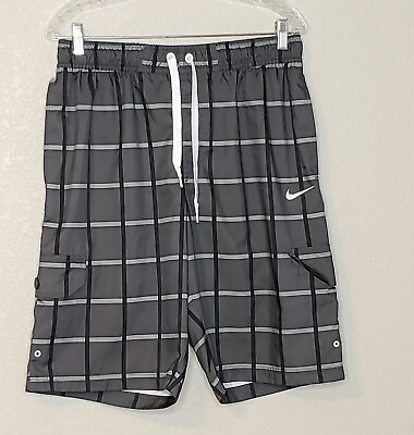 #ad #ad Nike Mens Swimsuit Large Gray Black Window Pane Elastic Tie Waist Swim Trunks $17.99