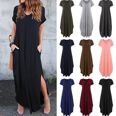 #ad Womens Fashion V Neck Short Sleeve Loose Casual Long Maxi Dress Pockets Split $23.50
