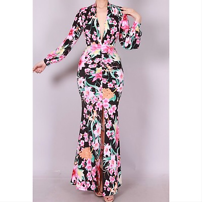 💐Floral Plunging Ruched Front Split Long Maxi Dress SMALL💐 $45.00
