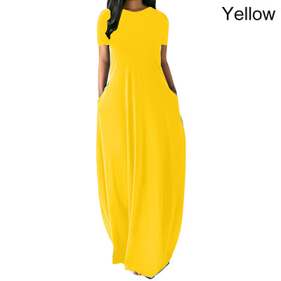 #ad Women Solid Pocket Loose Party Dress Lady Winter O Neck Short Sleeve Maxi Dress $22.99