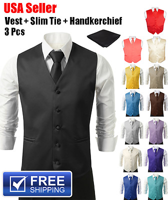 SET Vest Tie Hankie Fashion Men#x27;s Formal Dress Suit Slim Tuxedo Waistcoat Coat $19.98