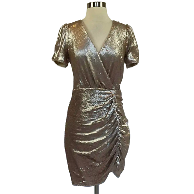 #ad Aidan Mattox Women#x27;s Cocktail Dress Size 2 Gold Sequined Short Sleeve Sheath $49.99