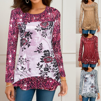 #ad Women#x27;s Sequin Floral Long Sleeve Blouses Ladies Casual Party Tunic Tops T shirt $16.81