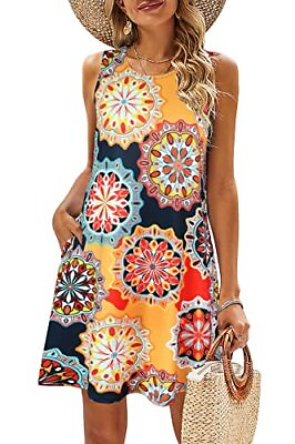 #ad Summer Dresses for Women Beach Floral Tshirt Sundress Casual Medium Navy Blue $41.08
