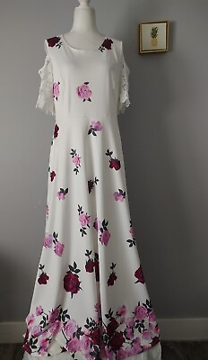 #ad Maxi Dress color white with flowers Size L with pockets brand New Handmade $45.00