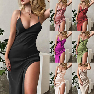Womens Sexy Satin Silk Bodycon Dress High Split Cocktail Clubwear Evening Dress $18.33
