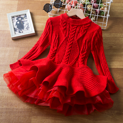 #ad Girls Long Sleeve Knitting Dresses Birthday Party Ruffle Princess Costume Kids $37.09