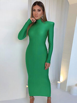 #ad Shoulder Padded Long Sleeve Bodycon Green Party Club Long Dress Spring $39.77
