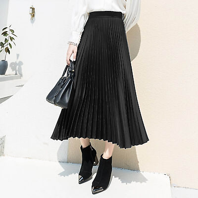 #ad Pleated Midi Skirt Skirt Satin Midi Skirt with Wide Elastic Waistband High Waist $11.98