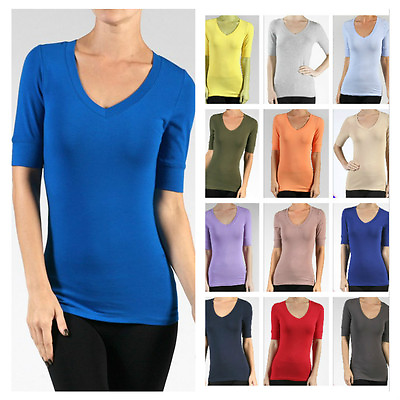 #ad Women Cotton Spandex Elbow Sleeve V Neck Tunic Top Casual T Shirts Junior Plus $8.95