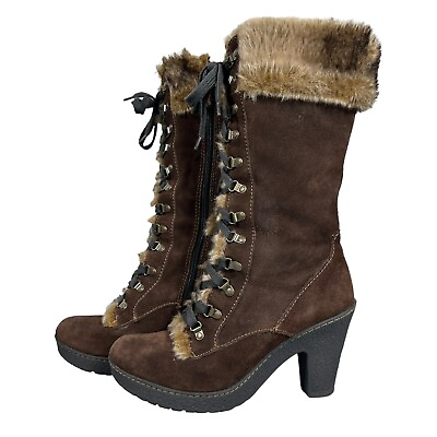 Born BOC Womens Boots Size 10 Brown Suede Leather Faux Fur Lined Lace Up Heeled $39.00