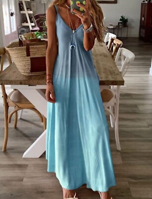 #ad Womens V Neck Maxi Dresses Summer Beach Boho Ladies Holiday Sun Dress Plus Size GBP 16.14