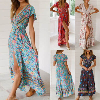 #ad Women#x27;s Boho Floral Summer Long Dress Party Beach Maxi Wrap Dresses Sundress US $19.31