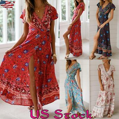 #ad Womens Boho Floral V Neck Long Dress Summer Beach Slit Holiday Swing Sundress $14.22