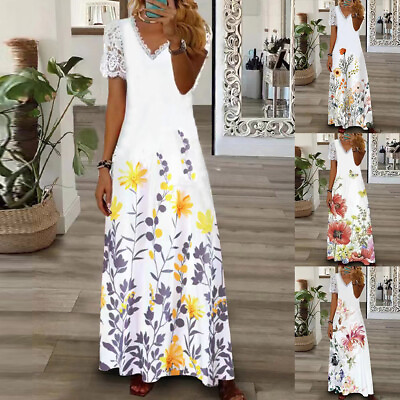 #ad Plus Size Women Lace Boho Long Maxi Dress Ladies Floral V Neck Holiday Sundress $27.49