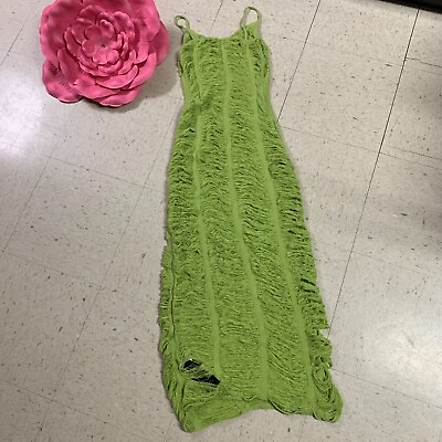 #ad SHEIN SXY Women#x27;s Sz Large Green Stretch Fringe Maxi Cami Dress $24.99