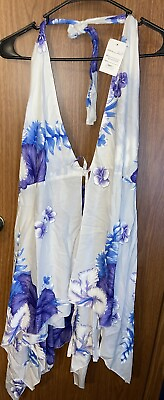 #ad Hawaiian Swim Suit Cover Dress White With Blue Purple Flowers One Size $17.98