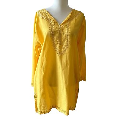 #ad EMBROIDERED LONG SLEEVE TUNIC TOP BEACH SWIM COVERUP V NECK SIDE VENTS L XL $35.00