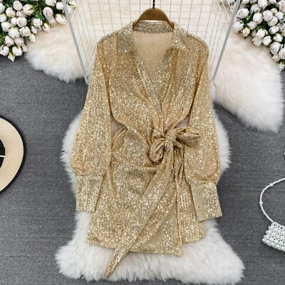 #ad Sequin Clubwear V Neck Sparkly Dress Long Sleeve Glitter Cocktail Tie Gow Party $34.84