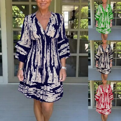 #ad Ladies Beach Sundress Knee Length Dress 3 4 Sleeve Summer Casual V Neck Party $26.66