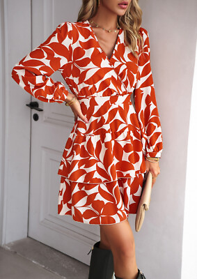 #ad Women Long Sleeve Print V Neck Sexy Short Evening Party Dress $36.09