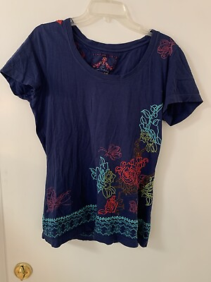 #ad BOHO Blue Embroidered Short Sleeve Top JOY LOVE LIGHT JOHNNY WAS L Gently Worn $32.00