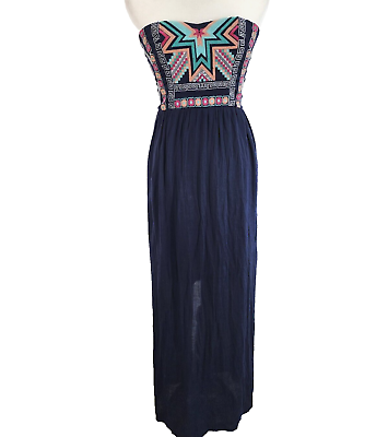 #ad Southwest Embroidered Sleeveless Blue Maxi Dress Size Small BOHO Western $13.59