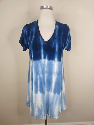 Raya Sun Dress Medium Women#x27;s Blue Tie Dye Stretch Knit Short Sleeve Fit Flare $22.49