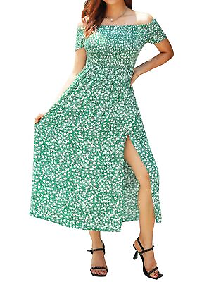 #ad Green Boho Summer Dress Size Medium Floral Off Shoulder Split Midi Maxi $19.99
