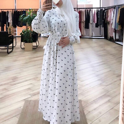 #ad Womens Long Sleeve Printed Pleated Muslim Dubai Abaya Party Long Maxi Dress Robe $53.12