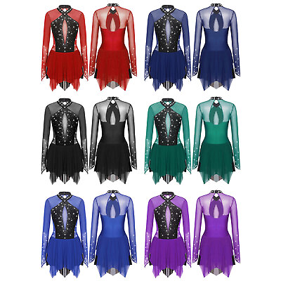 #ad Womens Dance Dress Rhinestones Leotard Competition Dancewear Sparkling Skirted $18.62