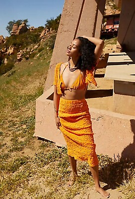 #ad Free People Double The Fun Endless Summer Smocked Orange Skirt and Top Set Sz XS $78.40