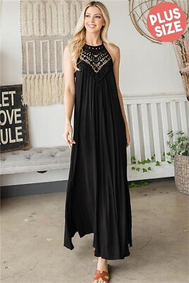 #ad Womens Plus Size Black Maxi Dress 1XL Crocheted Lace Neckline Sleeveless $39.95
