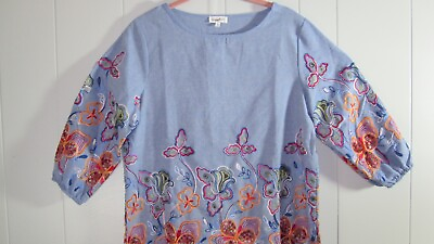 #ad Saphire Top Women#x27;s M Floral Embroidered 3 4 Sleeve Round Neck Boho Peasant $18.00