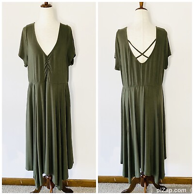 #ad Torrid maxi dress 2X olive green v neck strappy back asymmetrical hem $9.09