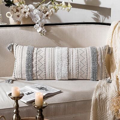 #ad Gray Decorative Lumbar Throw Pillow Cover 14x36 Boho Long Cushion for Bed Neu... $44.01