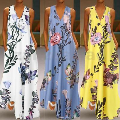 #ad Women Summer Floral Print Beach Dress Cocktail Party Long Maxi Dresses Plus Size GBP 19.96