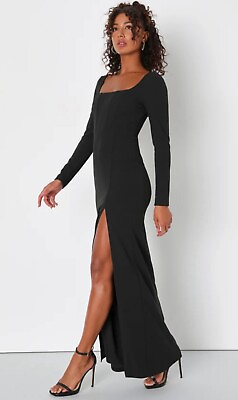 #ad Lulu#x27;s Regal Stunner Black Long Sleeve Corset Maxi Dress Square Neckline Size L $39.95