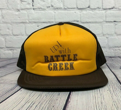 Vintage Hat Cap Snapback Yellow Brown Trucker Mesh Up with Battle Creek One Size C $19.79